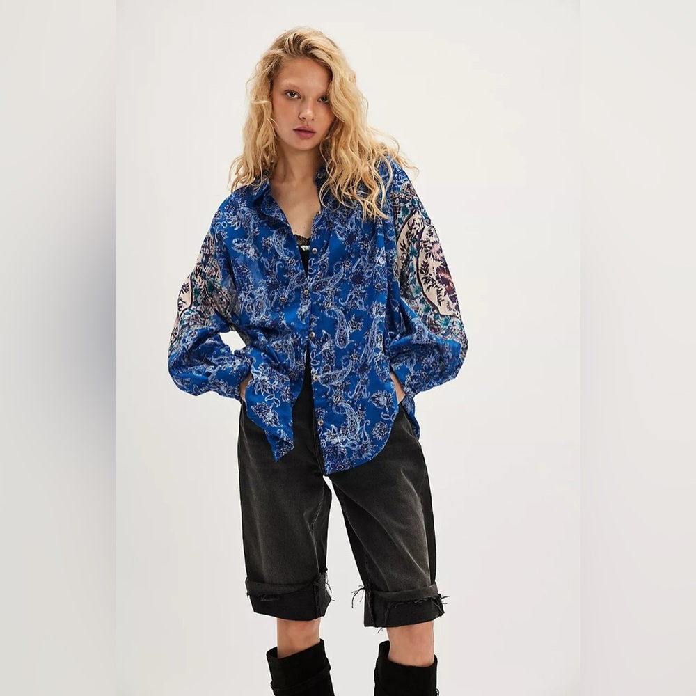 NWT FREE PEOPLE ROSE BUD BLOUSE Long Sleeve Parsey Shirt Sz M